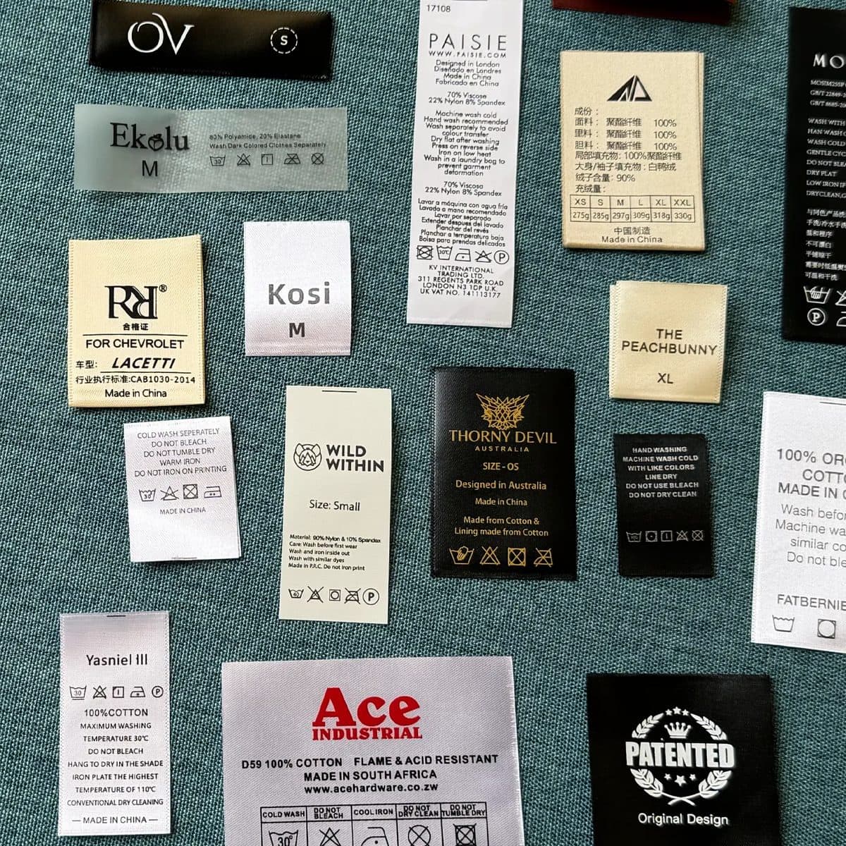 Multilingual printed care label with international wash symbols